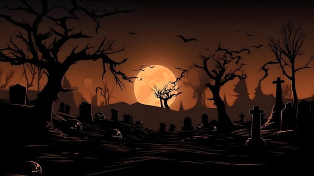 Halloween Night Mystery Graveyard with large orange moon of sun in the sky. Neural network generated in May 2023. Not based on any actual person, scene or pattern.