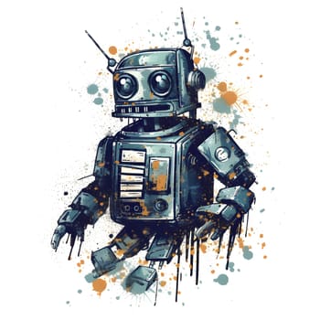 cool cartoonish robot for t-shirt print design on white background. Neural network generated in May 2023. Not based on any actual person, scene or pattern.