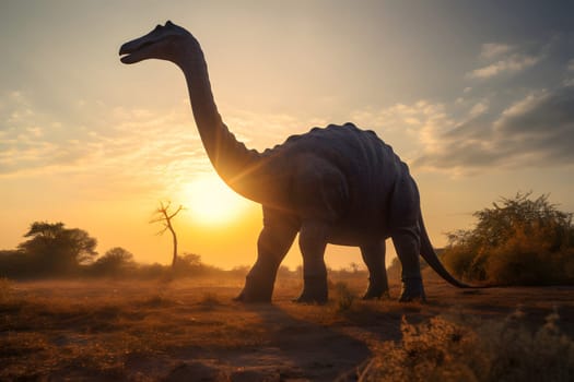 Brontosaurus wide angle view full body portrait at summer day light. Neural network generated in May 2023. Not based on any actual scene or pattern.