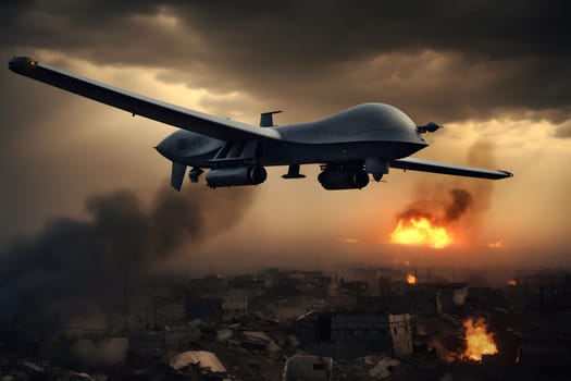 drone war - american military bomb carrying drone above burning city battlefield. Neural network generated in May 2023. Not based on any actual person, scene or pattern.
