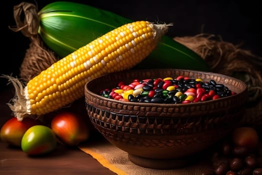 Kwanzaa - afro-american holiday. Corn bowl and harvest on black background. Neural network generated in May 2023. Not based on any actual person, scene or pattern.
