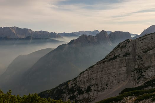 View from the top of the mountain Mala Mojstrovka in the Julian Alps