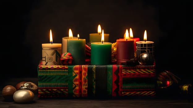 Kwanzaa holiday concept with traditional colorful candles. Neural network generated in May 2023. Not based on any actual person, scene or pattern.