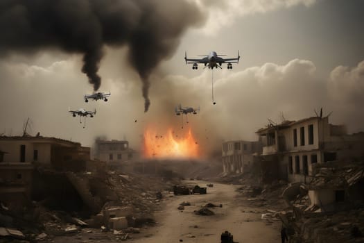 drone war - many military copter drones above middle-eastern city battlefield at daytime. Neural network generated in May 2023. Not based on any actual person, scene or pattern.
