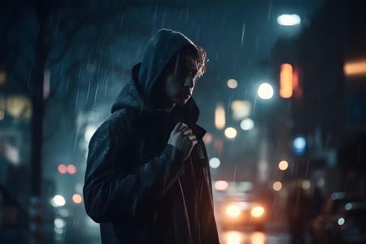 cinematic portrait of stranger on night street in thriller style. Neural network generated in May 2023. Not based on any actual person, scene or pattern.