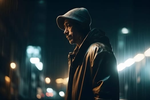cinematic portrait of stranger on rainy night street in thriller style. Neural network generated in May 2023. Not based on any actual person, scene or pattern.
