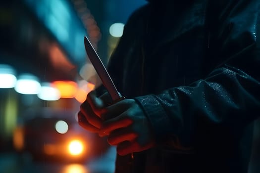 closeup view of of man holding knife in hand in dark backalley. Neural network generated in May 2023. Not based on any actual person, scene or pattern.