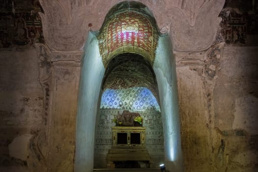 Sagaing, Myanmar - January 16th, 2019: Inside Tilawkaguru Cave Monastery, built around 1672 for meditation, one can still see old paintings.