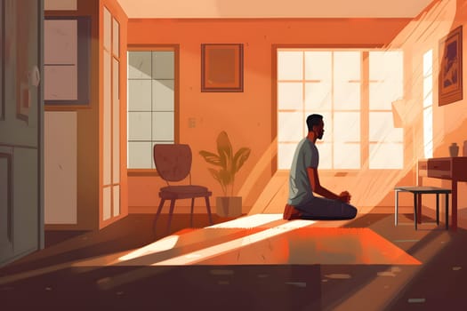 african american man sitting and meditating or praying on the floor of domestic room. Neural network generated in May 2023. Not based on any actual person, scene or pattern.