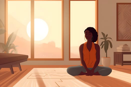 african american woman sitting on the floor of domestic room at sunrise or sunset. Neural network generated in May 2023. Not based on any actual person, scene or pattern.