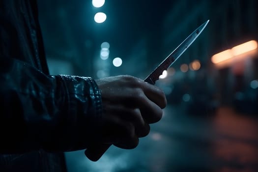 closeup view of of man holding knife in hand in dark backalley. Neural network generated in May 2023. Not based on any actual person, scene or pattern.