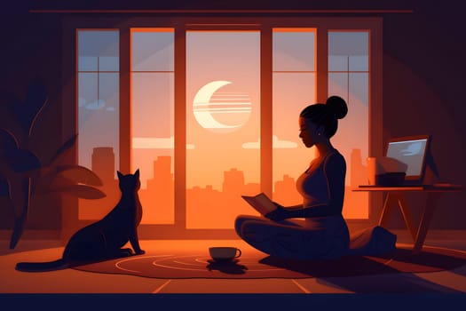 african american woman with book sitting on the floor of domestic room at night. Neural network generated in May 2023. Not based on any actual person, scene or pattern.