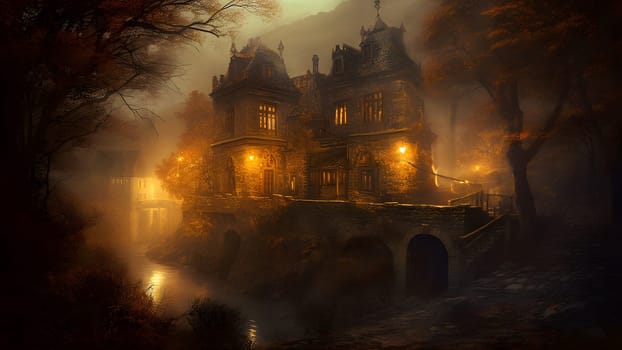 dark foggy night scene with gothic medieval stone castle building. Neural network generated in May 2023. Not based on any actual scene or pattern.