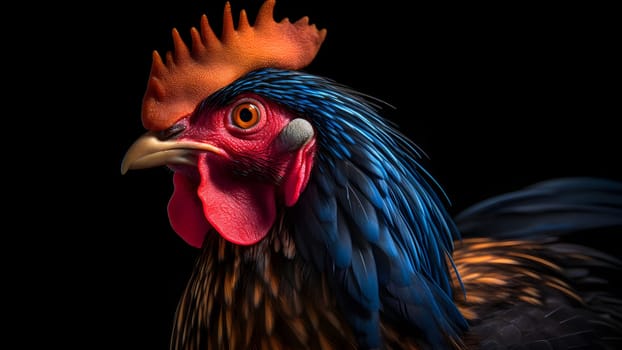 gorgeous colorful rooster close portrait on black background. Neural network generated in May 2023. Not based on any actual person, scene or pattern.