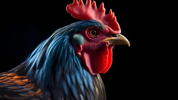 gorgeous colorful rooster close portrait on black background. Neural network generated in May 2023. Not based on any actual person, scene or pattern.