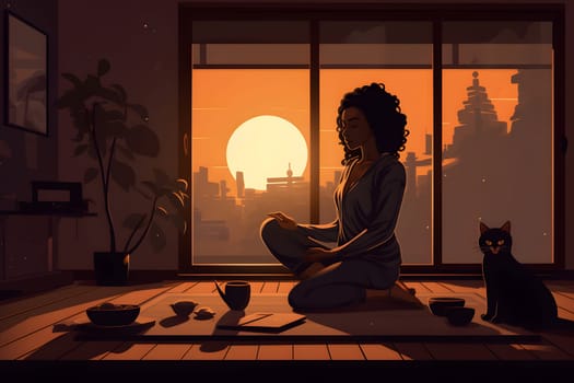 african american woman sitting on the floor of domestic room at sunrise or sunset. Neural network generated in May 2023. Not based on any actual person, scene or pattern.