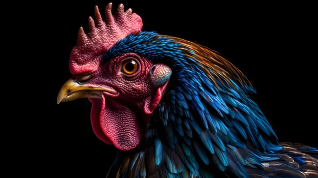 gorgeous colorful rooster close portrait on black background. Neural network generated in May 2023. Not based on any actual person, scene or pattern.
