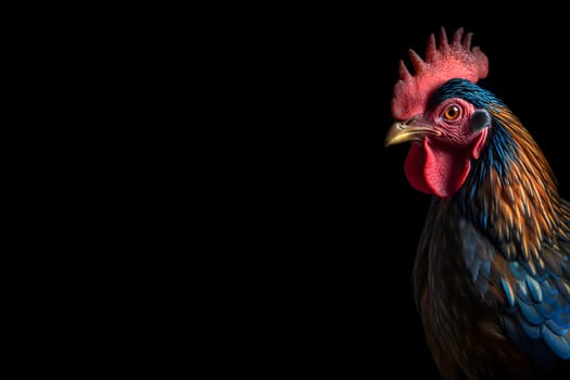 gorgeous colorful rooster close portrait on black background. Neural network generated in May 2023. Not based on any actual person, scene or pattern.