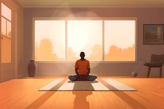 african american man sitting and meditating on the floor of domestic room. Neural network generated in May 2023. Not based on any actual person, scene or pattern.