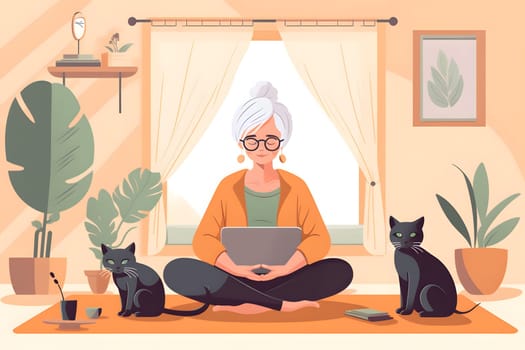 senior caucasian woman sitting on the floor of domestic room with laptop. Neural network generated in May 2023. Not based on any actual person, scene or pattern.