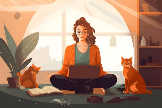 brunette young adult woman with laptop sitting on the floor of domestic room in lotus position. Neural network generated in May 2023. Not based on any actual person, scene or pattern.