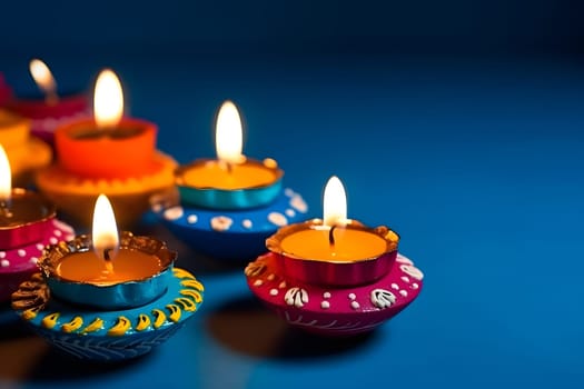 Happy Diwali - Clay Diya lamps lit on blue background during Diwali celebration. Neural network generated in May 2023. Not based on any actual scene or pattern.