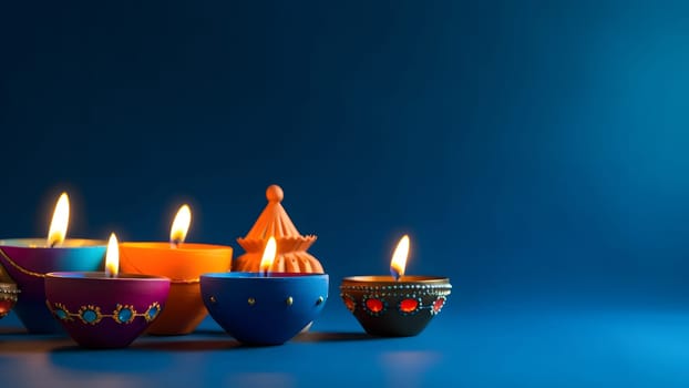 Happy Diwali - Clay Diya lamps lit on blue background during Diwali celebration. Neural network generated in May 2023. Not based on any actual scene or pattern.