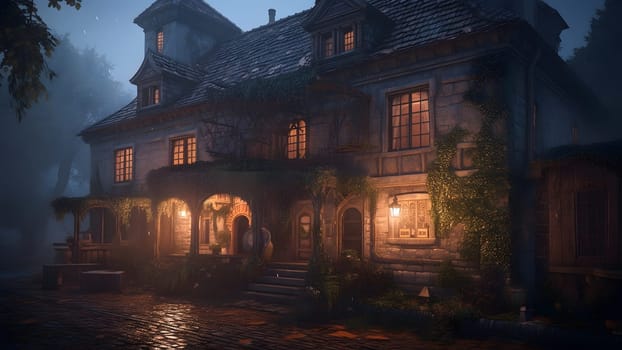 dark foggy night scene with ancient stone masion house. Neural network generated in May 2023. Not based on any actual scene or pattern.