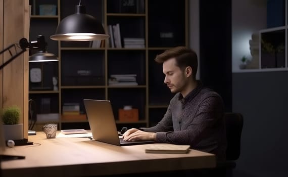 caucasian man working at laptop in contemporary office. Neural network generated in May 2023. Not based on any actual person, scene or pattern.