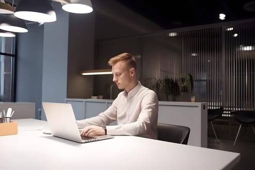 caucasian man working at laptop in contemporary office. Neural network generated in May 2023. Not based on any actual person, scene or pattern.