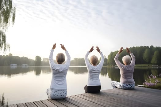 rear view of group of senior women doing yoga exercises on wooden pier in front of summer morning lake. Neural network generated in May 2023. Not based on any actual person, scene or pattern.