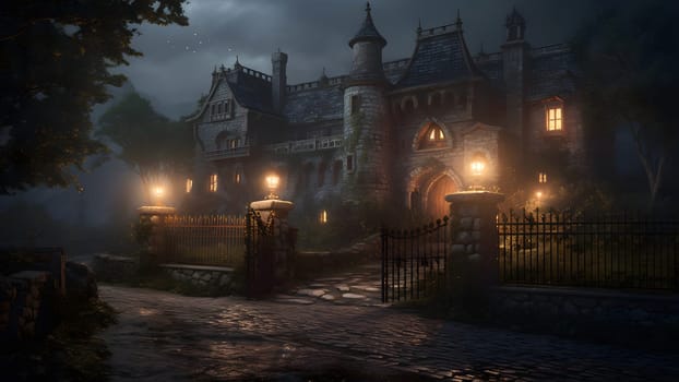 dark foggy night scene with gothic mansion and gate in the fence. Neural network generated in May 2023. Not based on any actual scene or pattern.