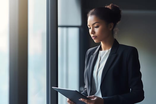 Serious female administrative manager in formal suit standing near window. Neural network generated in May 2023. Not based on any actual person, scene or pattern.