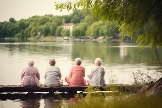 rear view of group of senior women doing yoga exercises on wooden pier in front of summer morning lake. Neural network generated in May 2023. Not based on any actual person, scene or pattern.