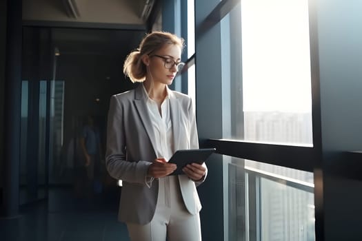 Serious female administrative manager in formal suit standing near window. Neural network generated in May 2023. Not based on any actual person, scene or pattern.
