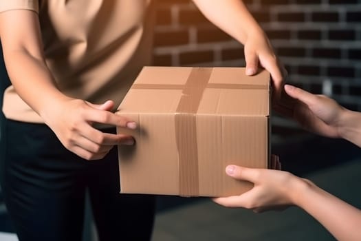 caucasian hands accepting a delivery of boxes. Neural network generated in May 2023. Not based on any actual person, scene or pattern.