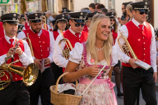 Villach, Austria - August 3th, 2019: Musicians at the procession of 'Villacher Kirchtag', the largest traditional folk festival in Austria.