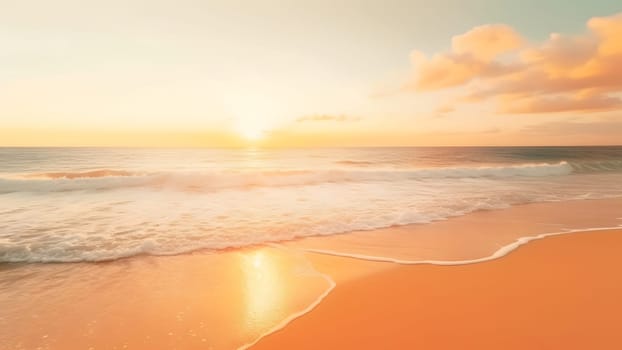 Closeup sea surf and sand beach at sunset. Neural network generated in May 2023. Not based on any actual scene or pattern.