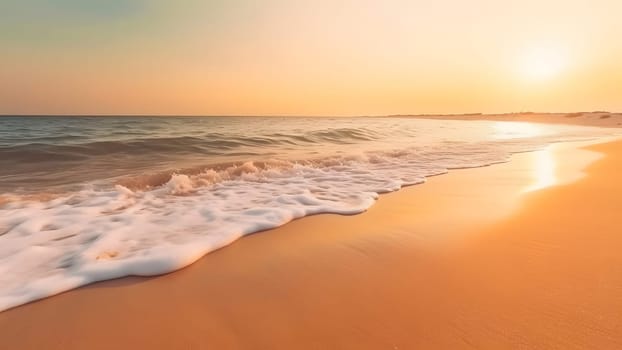 Closeup sea surf and sand beach at sunset. Neural network generated in May 2023. Not based on any actual scene or pattern.