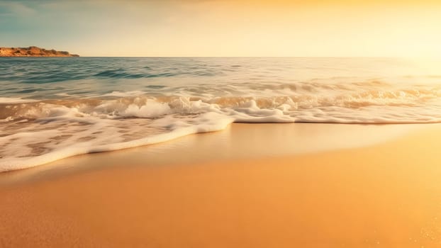 Closeup sea surf and sand beach at sunset. Neural network generated in May 2023. Not based on any actual scene or pattern.