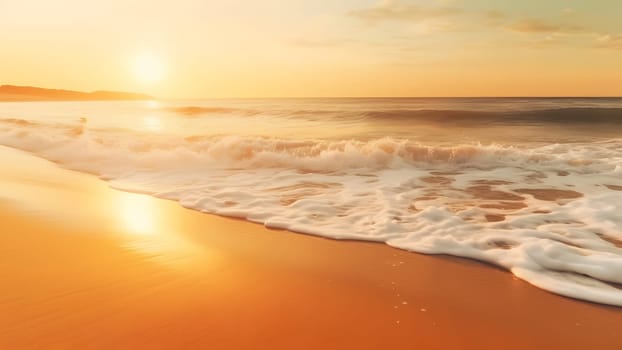 Closeup sea surf and sand beach at sunset. Neural network generated in May 2023. Not based on any actual scene or pattern.