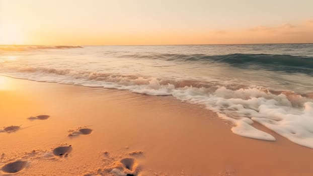 Closeup sea surf and sand beach at sunset. Neural network generated in May 2023. Not based on any actual scene or pattern.
