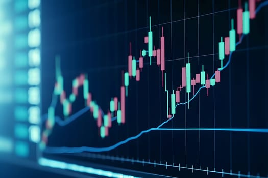 Closeup of financial chart display with generic volatile asset candlesticks graph. Neural network generated in May 2023. Not based on any actual scene or pattern.