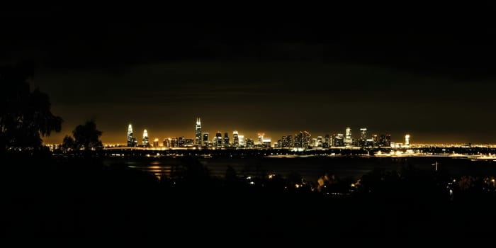 night city lights in the distance with black background. Neural network generated in May 2023. Not based on any actual scene or pattern.