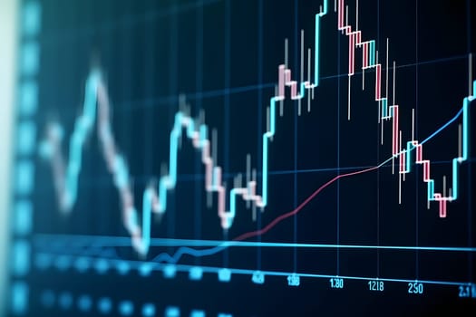 Closeup of financial chart display with generic volatile asset candlesticks graph. Neural network generated in May 2023. Not based on any actual scene or pattern.
