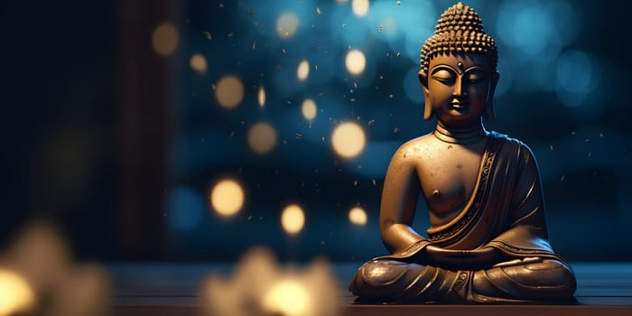Buddha in a lotus position small statue in dark religious thoughtful environment with bokeh. Neural network generated in May 2023. Not based on any actual person, scene or pattern.