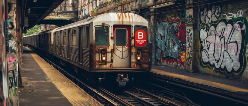 A vintage subway train approaches a platform tagged with vibrant graffiti, evoking urban nostalgia