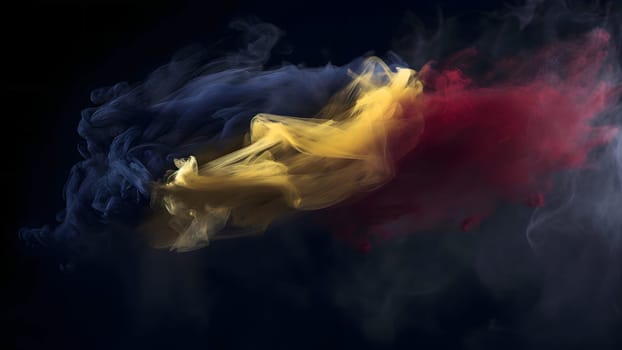 abstract background of Romania flag made of smoke on black background. Neural network generated in May 2023. Not based on any actual scene or pattern.