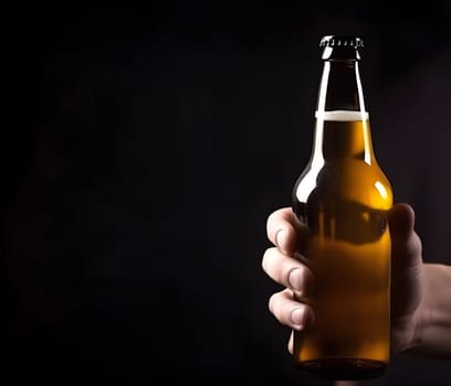 close up of caucasian man holding a brown bottle of beer in his hand on black background. Neural network generated in May 2023. Not based on any actual person, scene or pattern.