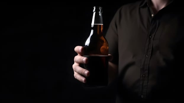 close up of caucasian man holding a brown bottle of beer in his hand on black background. Neural network generated in May 2023. Not based on any actual person, scene or pattern.